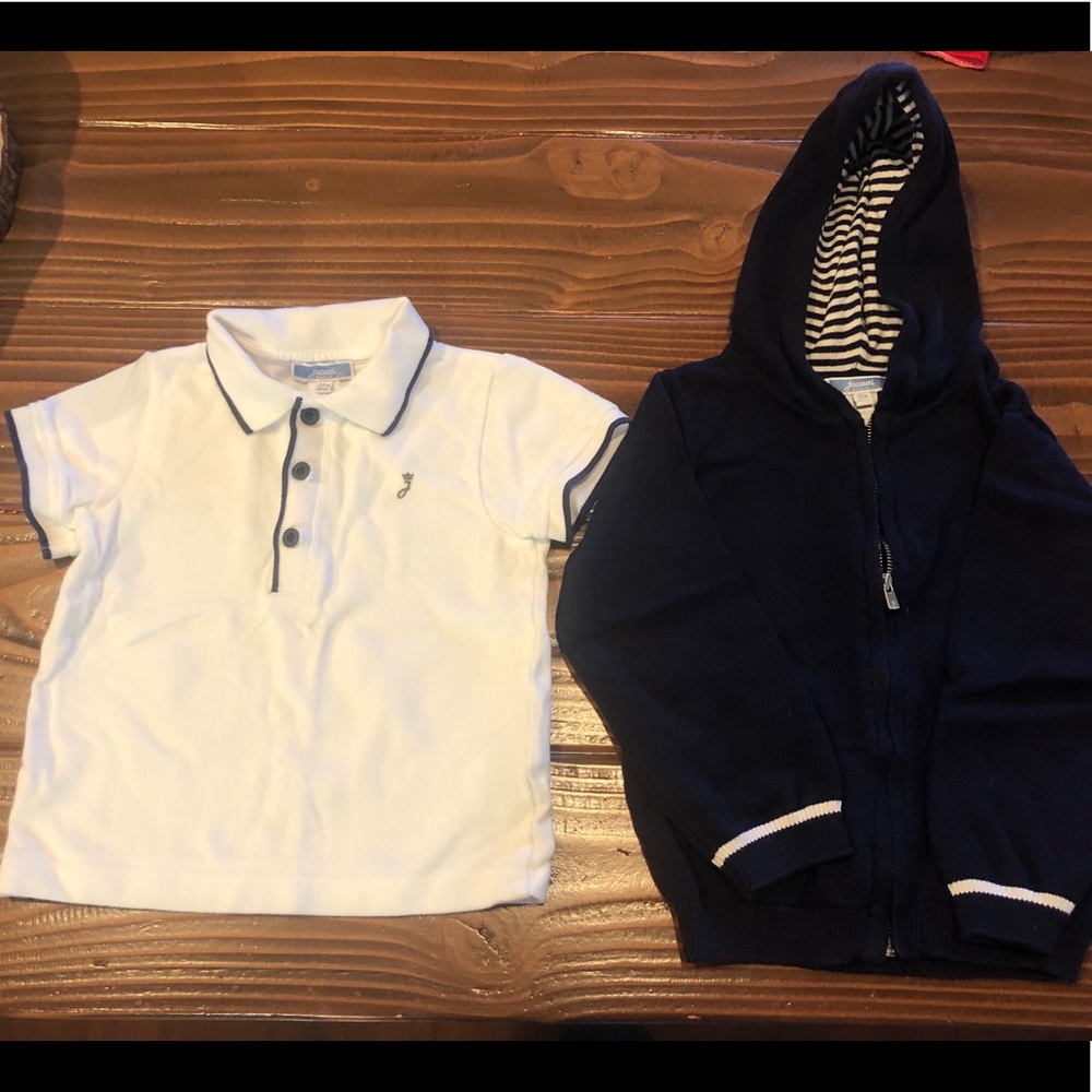 Boys Jacadi white polo and navy zip up hoodie.